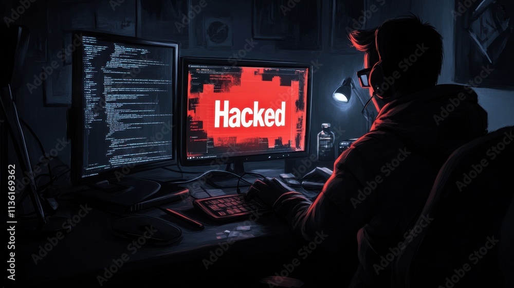 Poster digital security breach concept with computer screens and hacked message