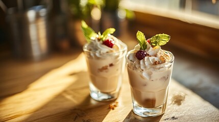 Delicious milkshakes with whipped cream, raspberries and mint leaves standing on wooden table
