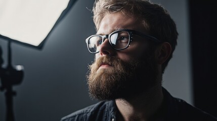 A photographer capturing portraits in a studio with professional lighting and a white backdrop