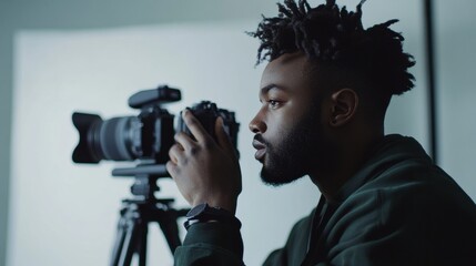 A photographer capturing portraits in a studio with professional lighting and a white backdrop