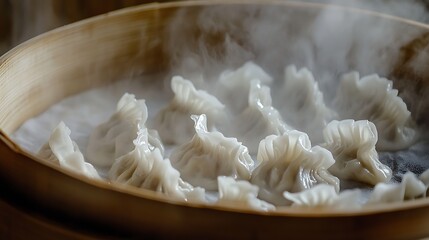 A close-up shot of steaming hot dumplings, known as Jiaozi, filled with meat and vegetables, arranged neatly on a traditional bamboo steamer 
