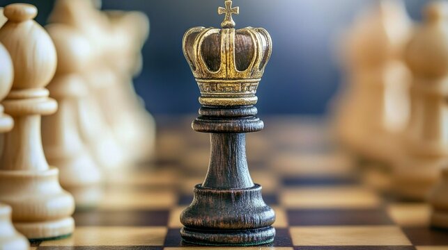 Golden Crowned Chess Piece on Board with Blurred Background Light
