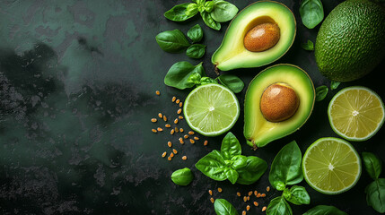 Avocado halves with lime slices and baby spinach leaves on a dark concrete,stone or slate background.Top view with copy space.