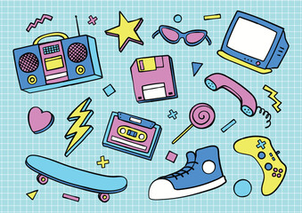 hand drawn flat trendy 90s cartoon element collection set
