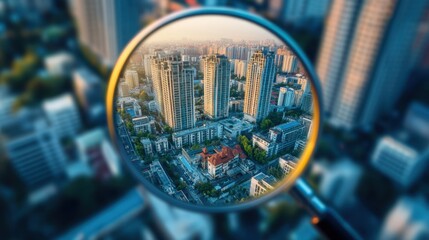 Close-Up View of Cityscape through Magnifying Glass in Urban Setting