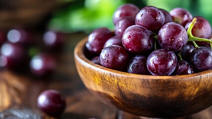 Fresh red grapes overflowing a wooden bowl on rustic table