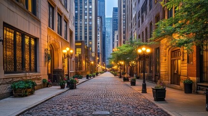 Fototapeta premium Serene Urban Street Scene with Cobblestone Path and Historic Buildings