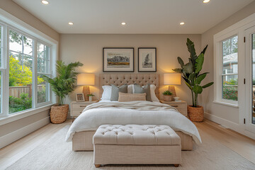 Photographie immobilière d'une chambre d'invités contemporaine élégante et confortable avec lit queen-size