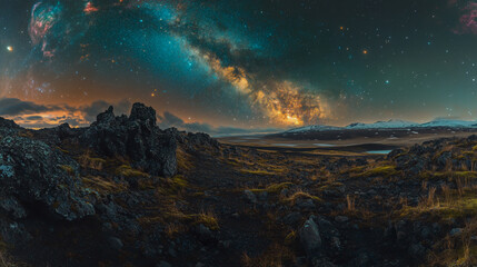 Stunning Icelandic Landscape Featuring Dramatic Rocky Terrain Beneath a Vibrant Milky Way.