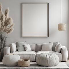Frame mockup, ISO A paper size. Living room wall poster mockup. Interior mockup with house background. Modern interior design. 3D render
