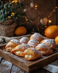 A wooden platter filled with cream-filled pastries dusted with powdered sugar and lemons.