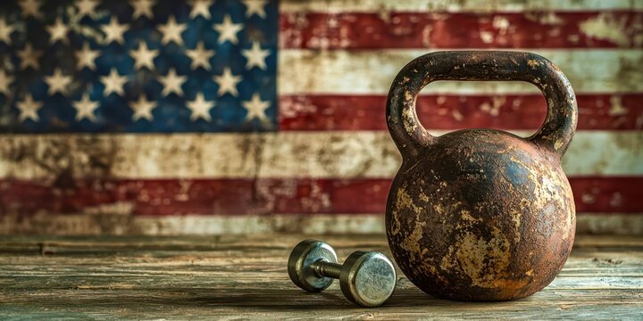 Kettlebell is on a table next to a pair of dumbbells