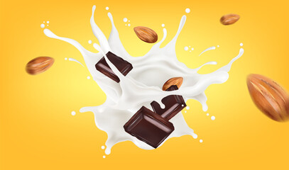 Chocolate with fresh milk splashing in the middle isolated on solid color background. Vector realistic in 3d illustration.