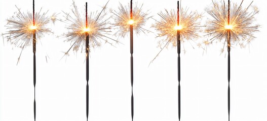 Obraz premium Five Burning Sparklers on White Background, Festive Celebration Fireworks