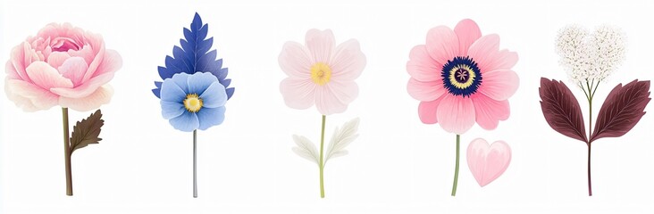 Beautiful Pink and Blue Flower Collection Botanical Illustration