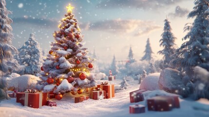 A magical Christmas tree decorated with ornaments and surrounded by snow-covered presents, set in a serene wintry landscape.