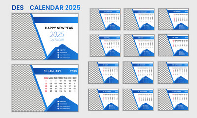 Modern 2025 Desk Calendar Design Print Template. 12 Months Set, 13 Page Calendar, vector illustration template design.