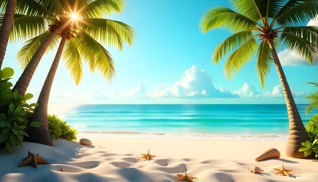 Summertime background in the beach decoration background. 3D Nature Sea Beach Background
