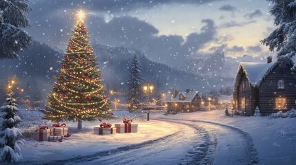 Fototapeta premium A snowy winter scene with a beautifully decorated Christmas tree, ornaments, wrapped presents, and festive lights creating a magical holiday marketing background