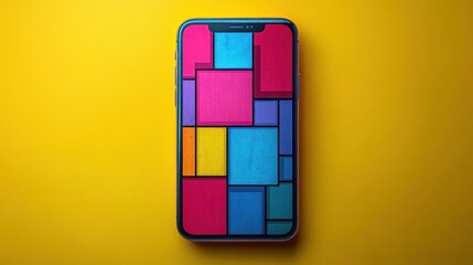 Smartphone displaying vibrant geometric design on yellow background.
