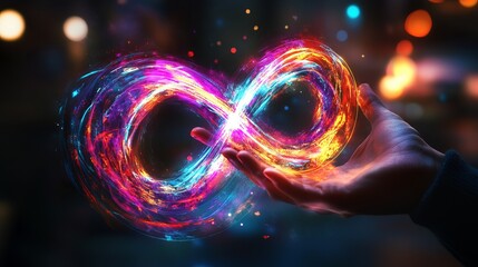 Hand holding virtual reality infinity symbol community connection of metaverse vr world global network technology system and abstract loop sign element on innovation digital communication background