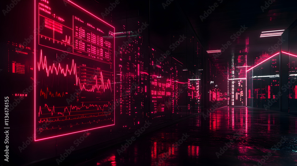 Poster futuristic corridor with glowing red data screens displaying financial charts and graphs.