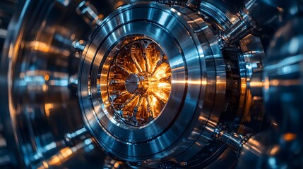 Fototapeta premium Glowing Industrial Machine Precision Engineering Metal Technology Manufacturing Process