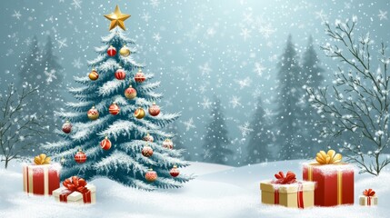 Obraz premium Festive winter scene with a decorated Christmas tree, shining ornaments, and snow-dusted gift boxes, creating a warm holiday backdrop.