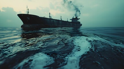 Fototapeta premium Cargo ship navigating through calm waters under overcast skies during early morning hours