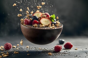 Fresh fruit and granola in a bowl creating a culinary masterpiece in a stylish kitchen