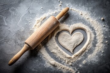 Heart-Shaped Flour Arrangement with Rolling Pin on Concrete Table, Perfect for Culinary Art and Baking Photography, Highlighting Textured Cutting Board and Scattered Flour