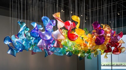 Fototapeta premium Colorful Abstract Glass Forms Spiraling in Mid Air with Reflections