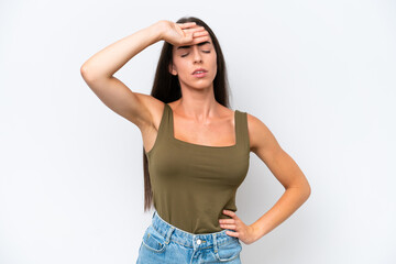 Young caucasian woman isolated on white background with tired and sick expression