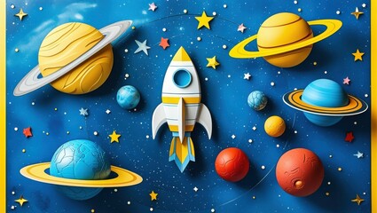 Naklejka premium Space exploration, retro cartoon rocket ship, colorful planets, cosmic journey, paper cut-out style, vibrant colors, starry background, Saturn-like rings, shooting star, playful space adventure, blue 