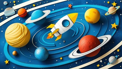 Space exploration, retro cartoon rocket ship, colorful planets, cosmic journey, paper cut-out style, vibrant colors, starry background, Saturn-like rings, shooting star, playful space adventure, blue 