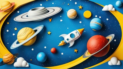 Naklejka premium Space exploration, retro cartoon rocket ship, colorful planets, cosmic journey, paper cut-out style, vibrant colors, starry background, Saturn-like rings, shooting star, playful space adventure, blue 