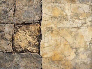 Fototapeta premium Aged Stone Wall Texture: Cracked Plaster and Rough Stone Background