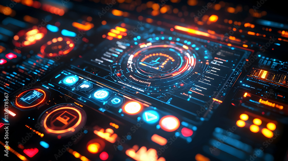 Poster Futuristic digital interface with glowing HUD elements and data graphs.