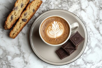 A cozy coffee setup featuring latte art, chocolate, and biscotti on a marble surface.