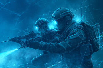 Soldiers with machine gun on dark blue background. Military concept. Futuristic war concept. Generative AI