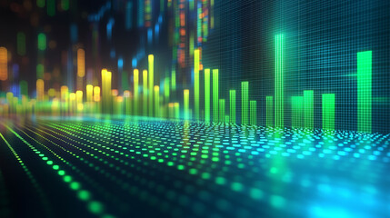 Glowing green and yellow bar graphs rise on a dark digital grid representing financial growth technological advancement and data visualization Abstract futuristic and dynamic