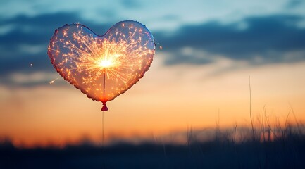 A glowing heart-shaped sparkler illuminates the evening sky, creating a romantic and enchanting atmosphere against a beautiful sunset backdrop.