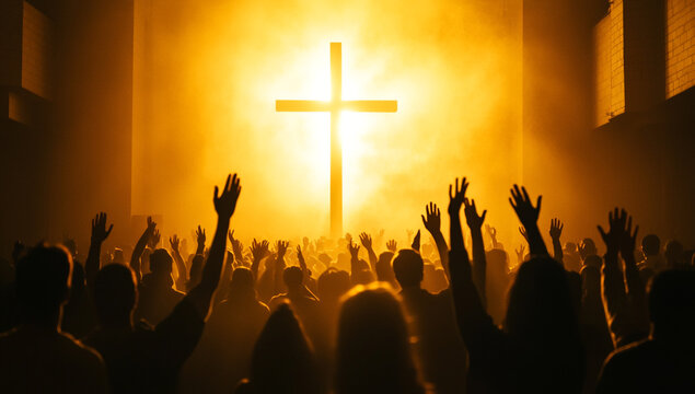 A group of people in a church, hands raised to heaven with crosses on the wall behind them, faces and arms illuminated by warm light from the windows.