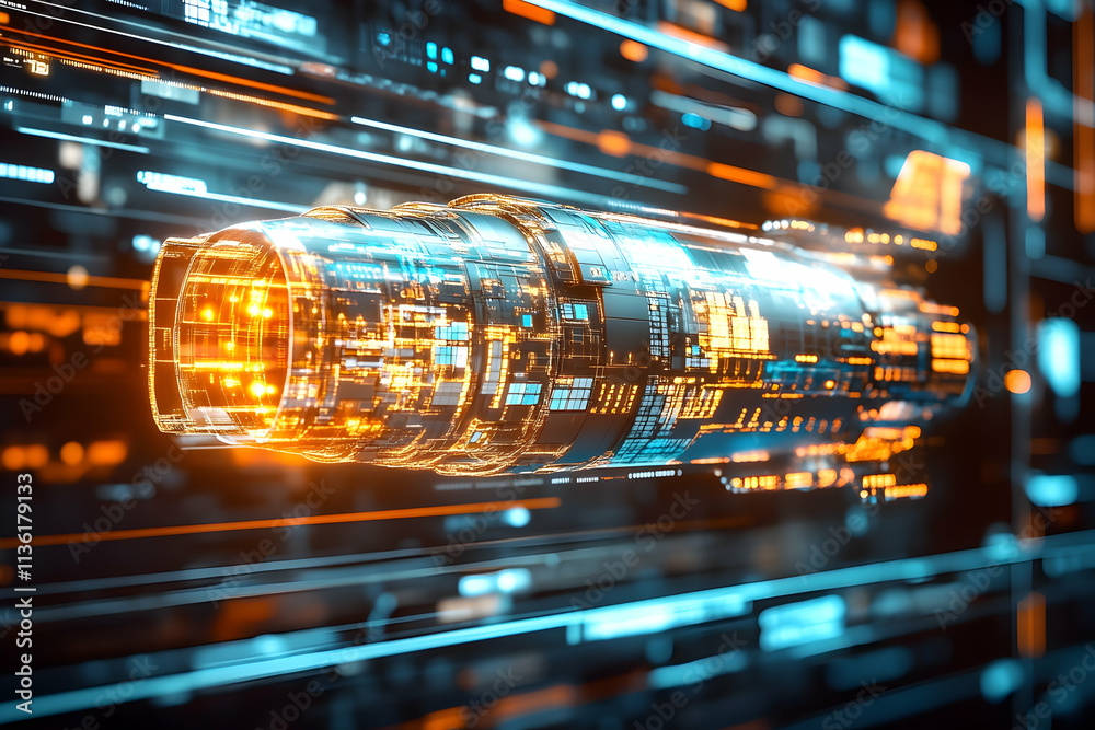 Poster futuristic engine design with glowing circuits and data streams.