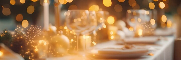 Soft focus defocused slow motion. A festive table setting with candles and wine glasses, ready for a special occasion.