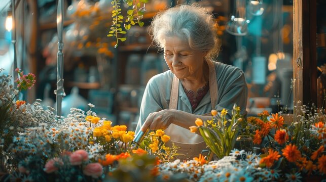 Mature flower arranger watering a floral plant in her store.