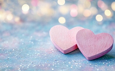 Romantic Pink Wooden Hearts on Glittery Background