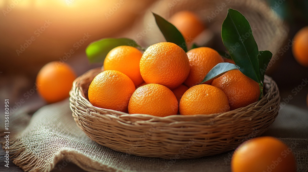 Poster Fresh oranges resting in a woven basket on rustic table