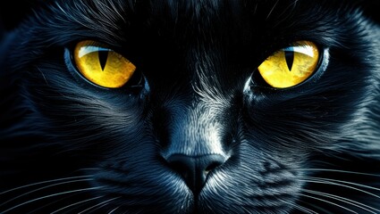 close-up of black cat face, intense yellow eyes, glowing feline gaze, dark fur, mysterious atmosphere, high contrast, dramatic lighting, sharp focus, detailed eye texture, sleek and enigmatic, night p