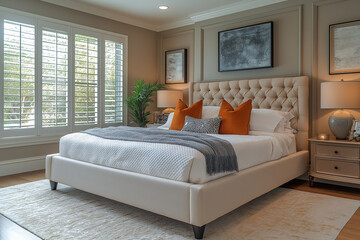 Photographie immobilière d'une chambre d'invités contemporaine élégante et confortable avec lit queen-size